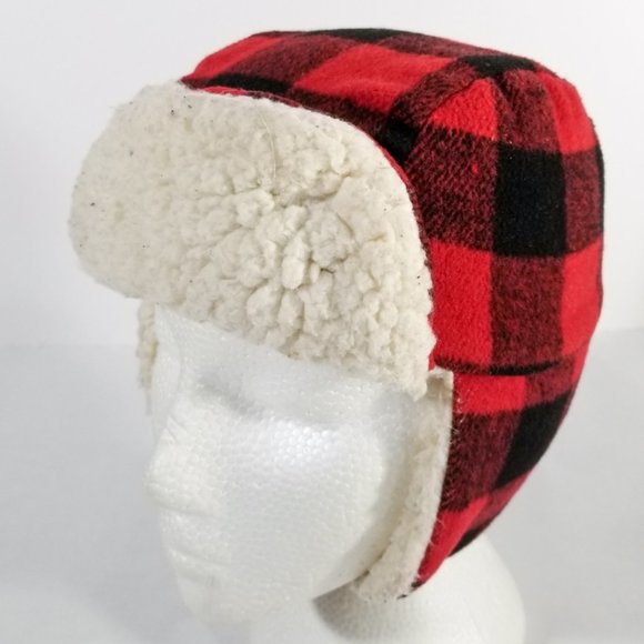 Buffalo Plaid Red & Black Ear-Muffed Winter Hat - Picture 1 of 8